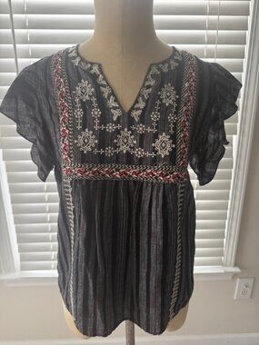 THML Black Striped Embroidered Flutter Sleeve Tunic with Pink Trim